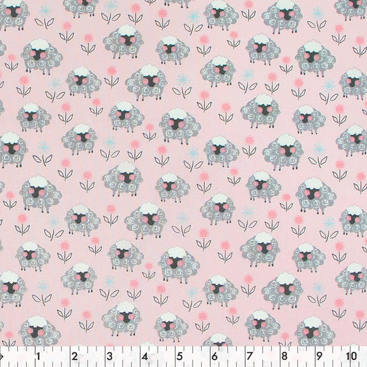 FABRIC CREATIONS 42" × 8 yd Cotton Fabric Bolt — Pink with Grey Sheep and Flowers