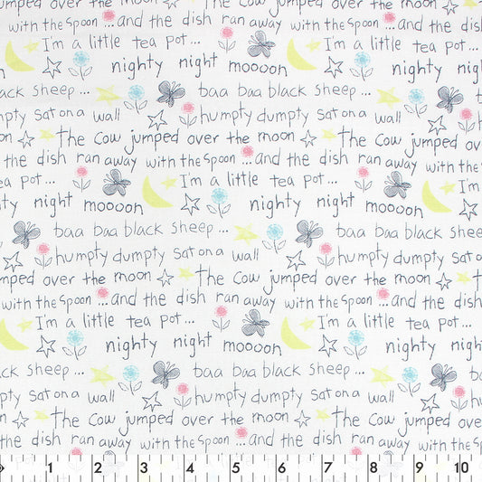 FABRIC CREATIONS 42" × 8 yd Cotton Fabric Bolt — White with Black Written Nursery Rhyme Verses