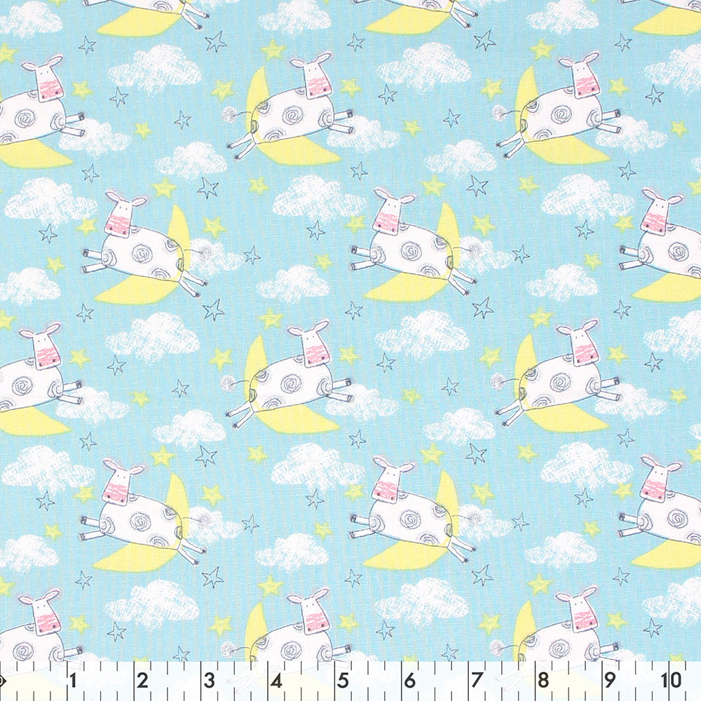 FABRIC CREATIONS 42" × 8 yd Cotton Fabric Bolt — Light Blue with Cows Jumping Over the Moon