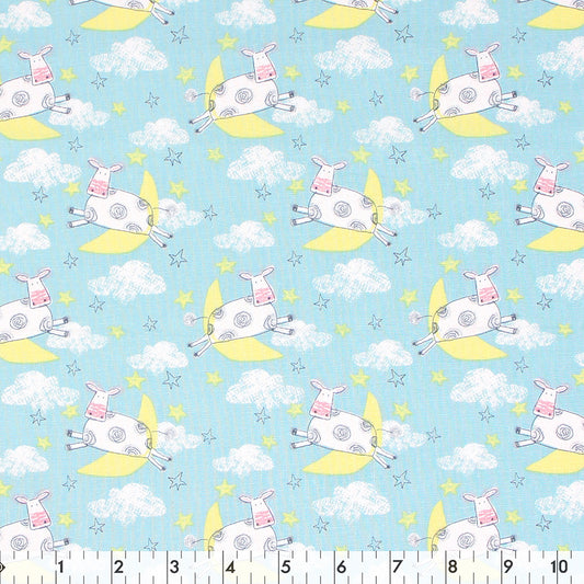 FABRIC CREATIONS 42" × 8 yd Cotton Fabric Bolt — Light Blue with Cows Jumping Over the Moon