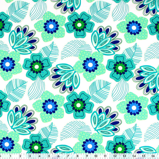 FABRIC CREATIONS 42" × 8 yd Cotton Fabric Bolt — White with Blue and Green Carmovale Flowers
