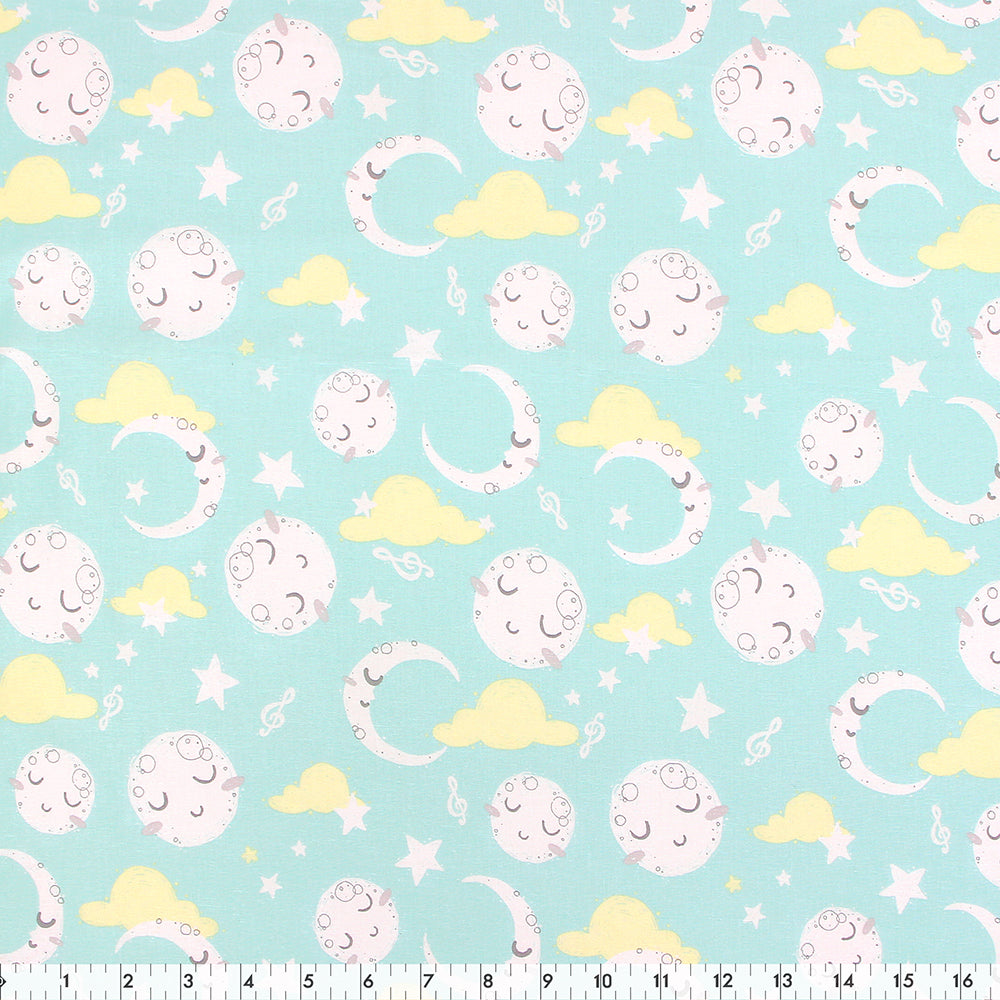 FABRIC CREATIONS 42" × 8 yd Cotton Fabric Bolt — Light Blue with White Sleeping Full and Half Moons
