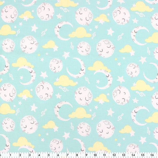 FABRIC CREATIONS 42" × 8 yd Cotton Fabric Bolt — Light Blue with White Sleeping Full and Half Moons
