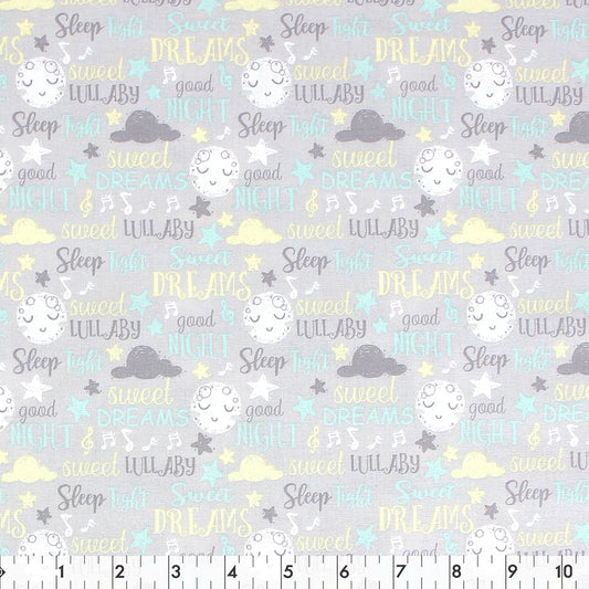 FABRIC CREATIONS 42" × 8 yd Cotton Fabric Bolt — Purple with Sleeping Moons and Bedtime Verses