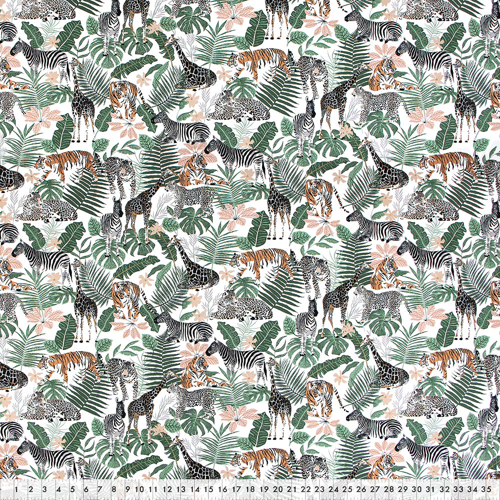 FABRIC CREATIONS 42" × 8 yd Cotton Fabric Bolt — White with Green Ferns and Safari Animals