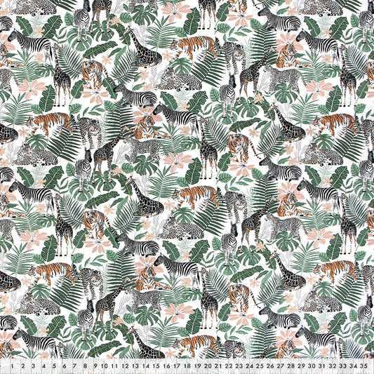 FABRIC CREATIONS 42" × 8 yd Cotton Fabric Bolt — White with Green Ferns and Safari Animals