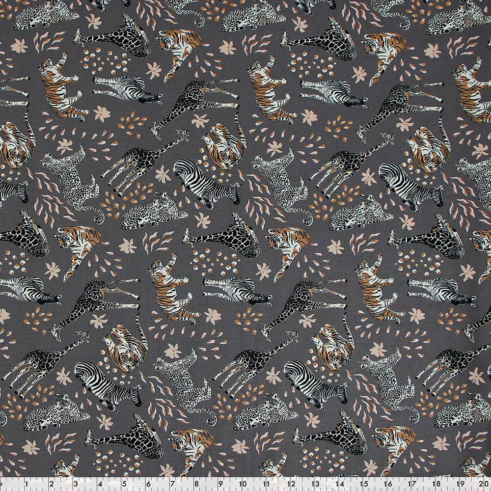 FABRIC CREATIONS 42" × 8 yd Cotton Fabric Bolt — Dark Grey with Safari Animals