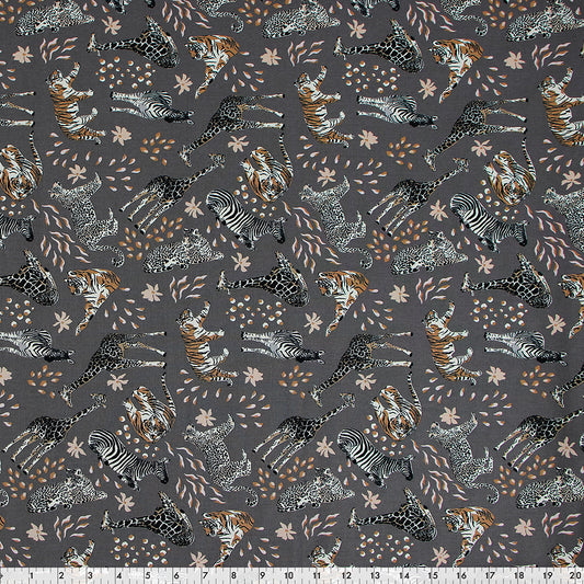 FABRIC CREATIONS 42" × 8 yd Cotton Fabric Bolt — Dark Grey with Safari Animals