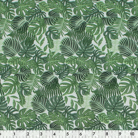 FABRIC CREATIONS 42" × 8 yd Cotton Fabric Bolt — Grey with Green Ferns and Leaves