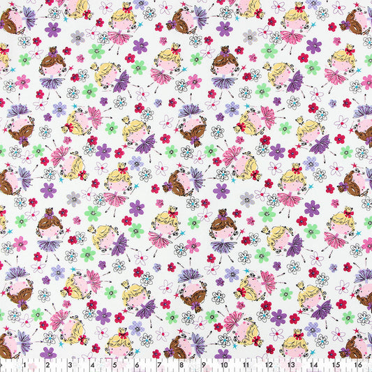 FABRIC CREATIONS 42 x 8yd Cotton Fabric Bolt - White with Little Girls in Purple and Pink Dresses with Flowers