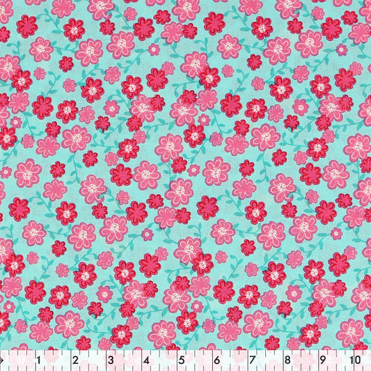 FABRIC CREATIONS 42 x 8yd Cotton Fabric Bolt - Turquoise with Pink Flowers