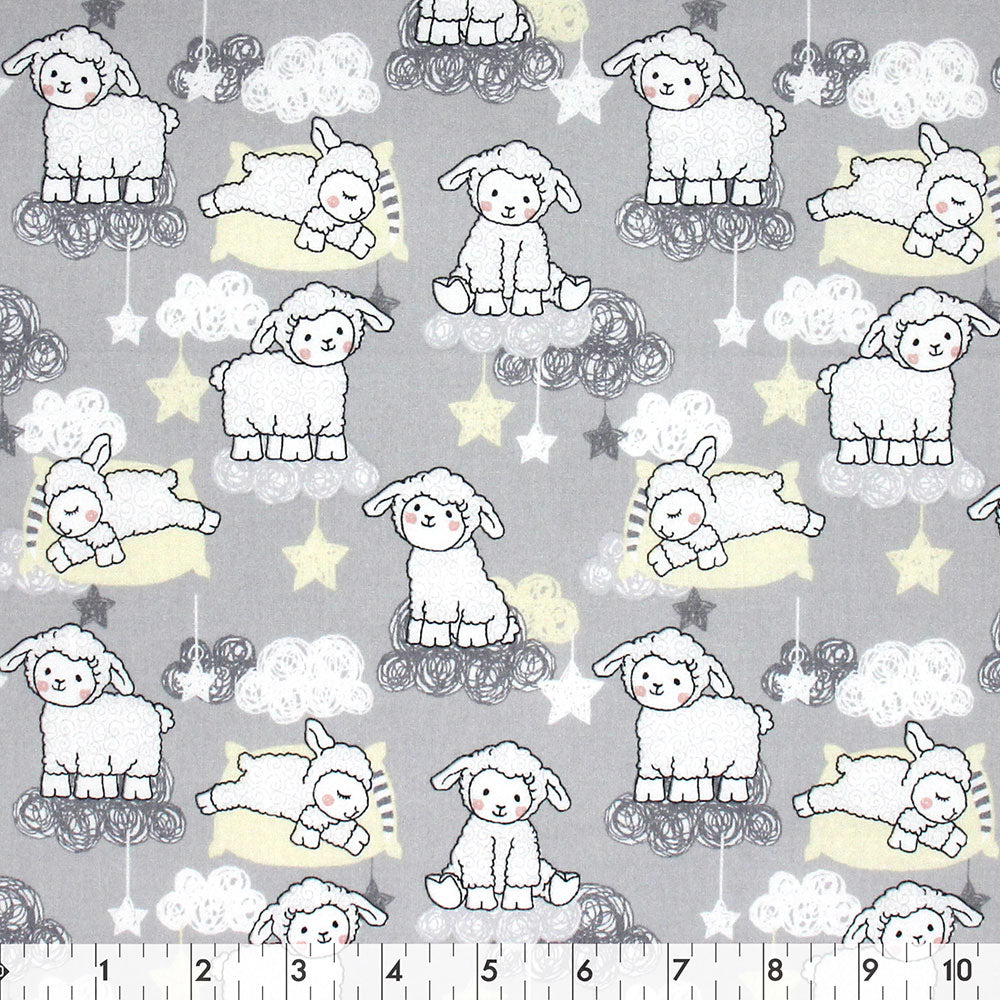FABRIC CREATIONS Cotton Fabric Bolt 42 in × 8 yd Grey with Stars, Clouds and White Sleeping Lambs