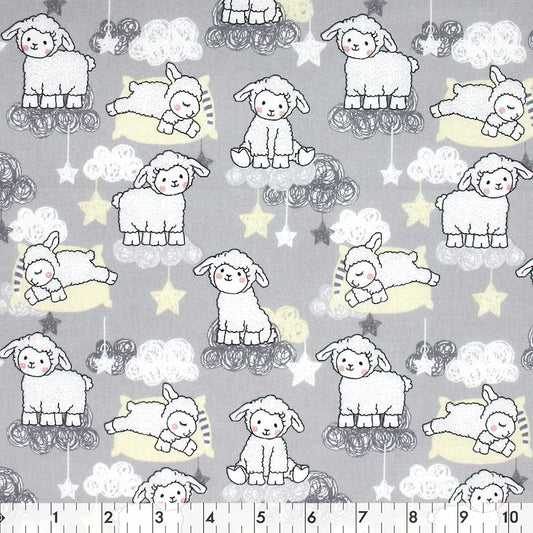 FABRIC CREATIONS Cotton Fabric Bolt 42 in × 8 yd Grey with Stars, Clouds and White Sleeping Lambs