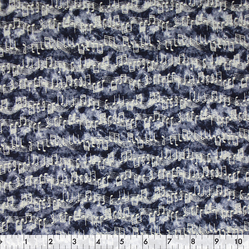FABRIC CREATIONS 42" × 8 yd Cotton Fabric Bolt — Navy Blue with Grey Smoke and Grey Musical Notes