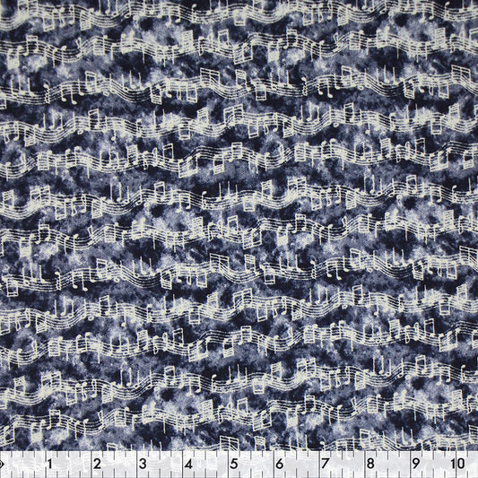 FABRIC CREATIONS 42" × 8 yd Cotton Fabric Bolt — Navy Blue with Grey Smoke and Grey Musical Notes