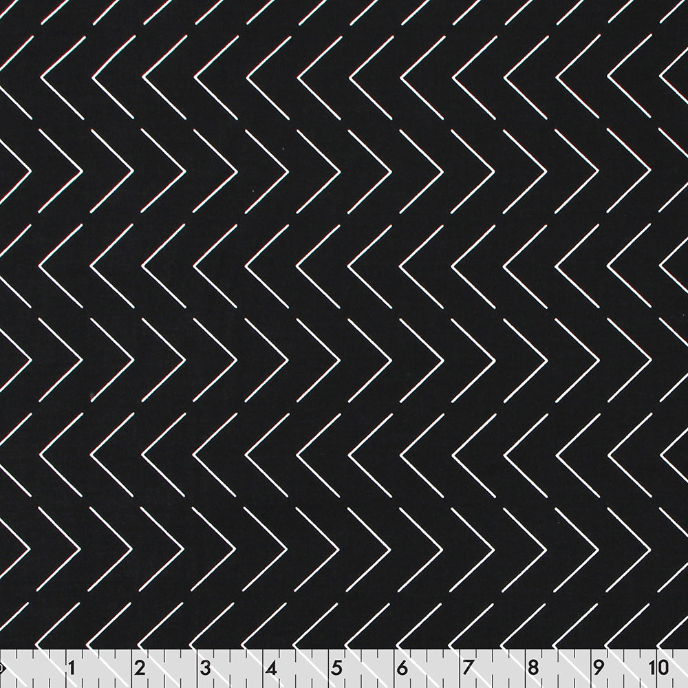 FABRIC CREATIONS 42" × 8 yd Cotton Fabric Bolt — Black with Broken White Thin Chevrons