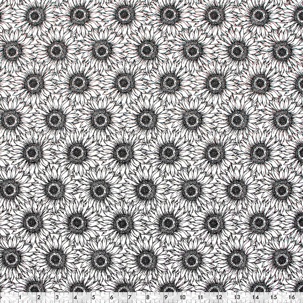 FABRIC CREATIONS 42" × 8 yd Cotton Fabric Bolt — White with Black Outlined Sunflowers