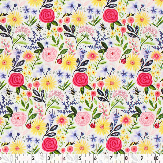 FABRIC CREATIONS 42" × 8 yd Cotton Fabric Bolt — White with Flower Garden and Pink and Red Roses