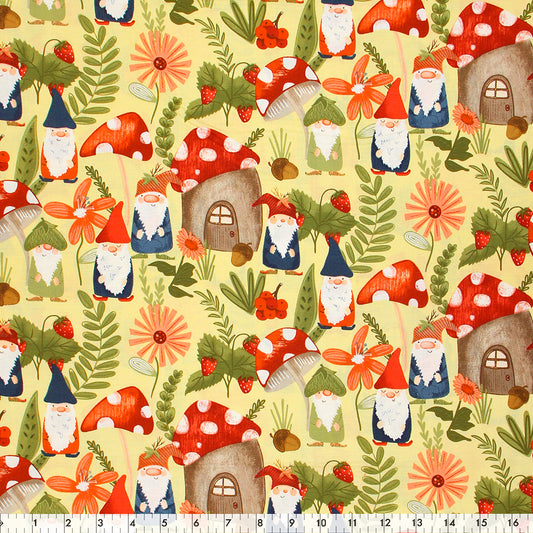 FABRIC CREATIONS 42" × 8 yd Cotton Fabric Bolt — Yellow with Forest Gnomes and Red Mushrooms
