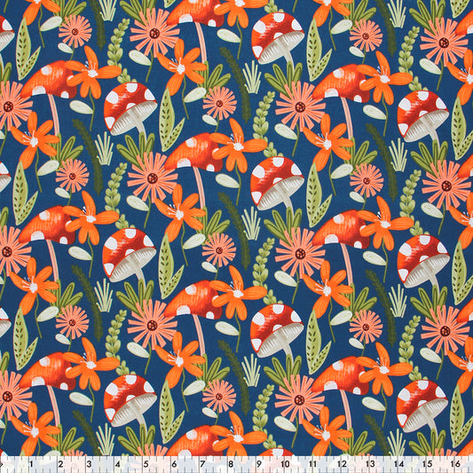 FABRIC CREATIONS 42" × 8 yd Cotton Fabric Bolt — Navy Blue with Red Mushrooms and Flowers with Green Leaves