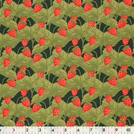 FABRIC CREATIONS 42" × 8 yd Cotton Fabric Bolt — Dark Green with Red Strawberries on Green Branches