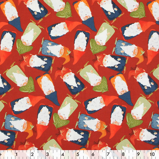 FABRIC CREATIONS 42" × 8 yd Cotton Fabric Bolt — Red with Happy Blue, Orange and Green Gnomes