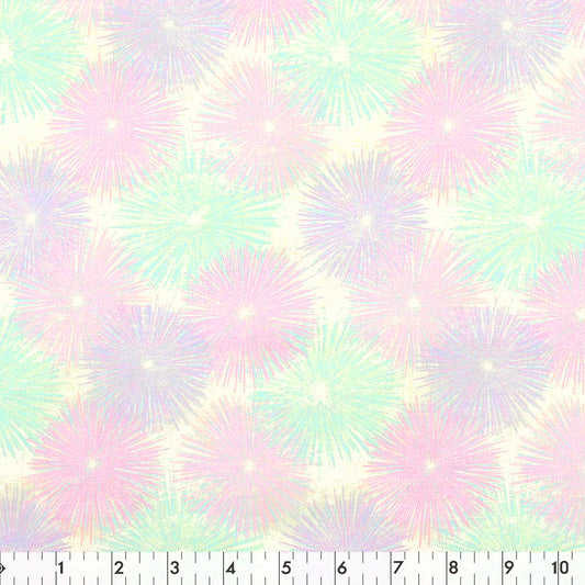 FABRIC CREATIONS 42" × 8 yd Cotton Fabric Bolt — Yellow with Pastel Firework Flower Bursts