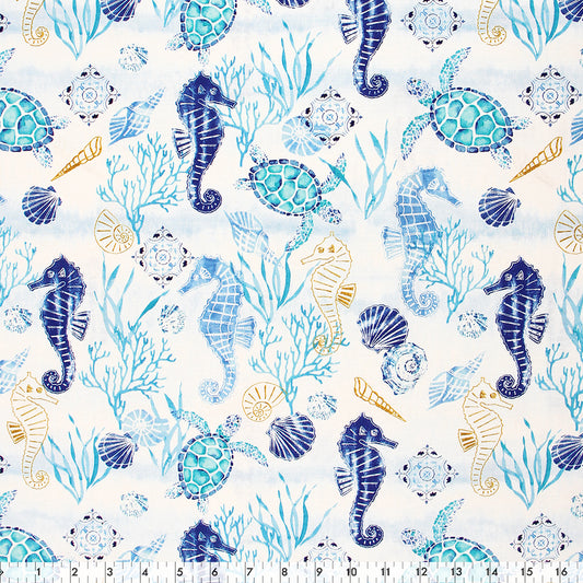 FABRIC CREATIONS 42" × 8 yd Cotton Fabric Bolt — White and Blue Sea Creatures, Coral and Shells