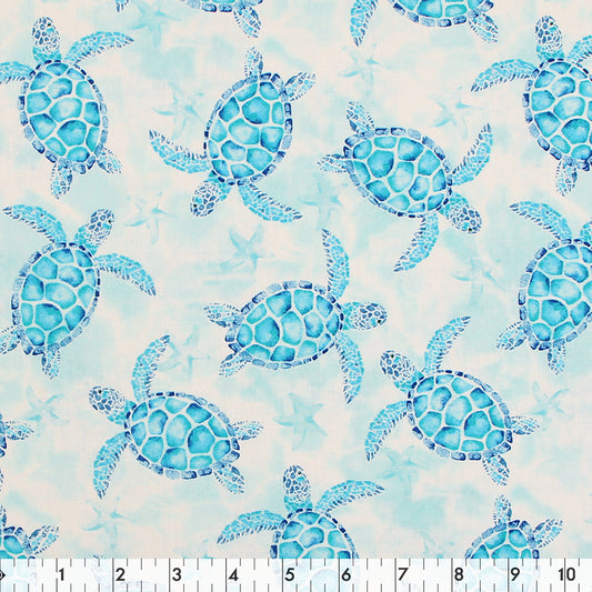 FABRIC CREATIONS 42" × 8 yd Cotton Fabric Bolt — Turquoise with Blue Mosaic Sea Turtles