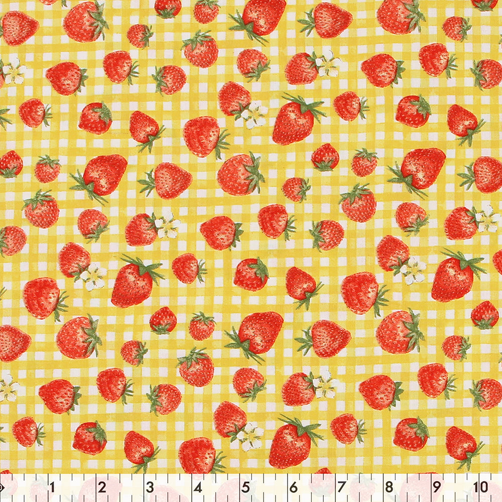 FABRIC CREATIONS 42" × 8 yd Cotton Fabric Bolt — Yellow Gingham with Red Strawberries