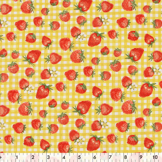 FABRIC CREATIONS 42" × 8 yd Cotton Fabric Bolt — Yellow Gingham with Red Strawberries