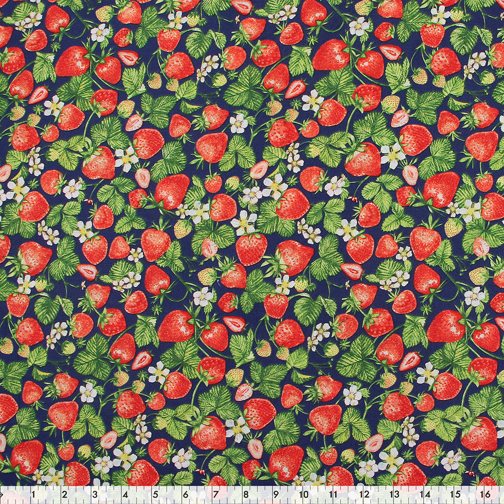 FABRIC CREATIONS 42" × 8 yd Cotton Fabric Bolt — Navy Blue with Red Strawberry Branches and White Blooms