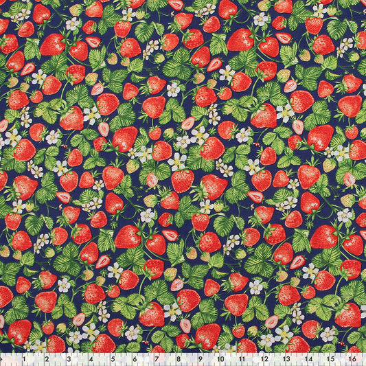 FABRIC CREATIONS 42" × 8 yd Cotton Fabric Bolt — Navy Blue with Red Strawberry Branches and White Blooms