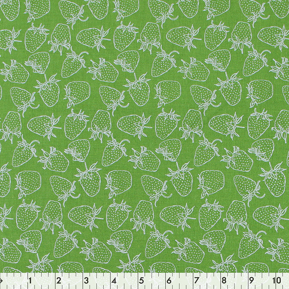 FABRIC CREATIONS 42" × 8 yd Cotton Fabric Bolt — Lime Green with White Outlined Strawberries