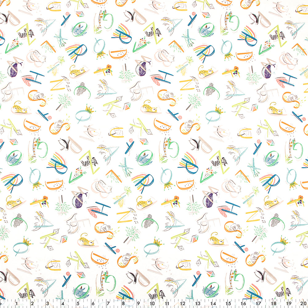 FABRIC CREATIONS 42" × 8 yd Cotton Fabric Bolt — White with Colourful Alphabet Letters