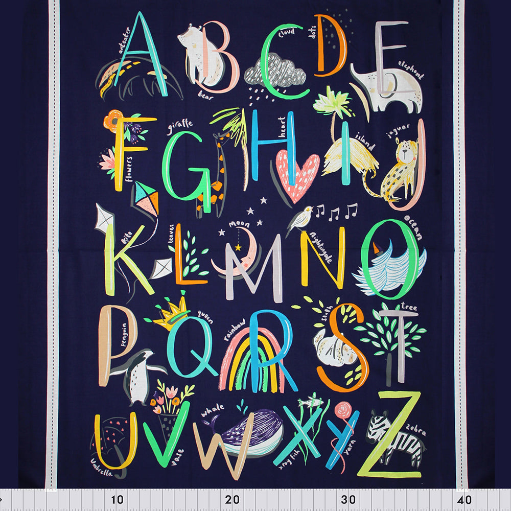 FABRIC CREATIONS 42" × 8 yd Cotton Fabric Bolt — Navy Blue with Large Colourful Alphabet Letters