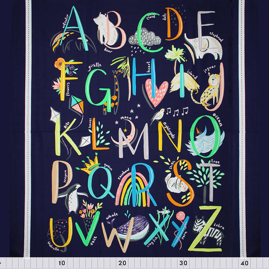 FABRIC CREATIONS 42" × 8 yd Cotton Fabric Bolt — Navy Blue with Large Colourful Alphabet Letters