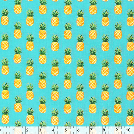 FABRIC CREATIONS 42" × 8 yd Cotton Fabric Bolt — Turquoise with Yellow Pineapples