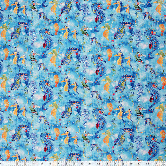 FABRIC CREATIONS 42" × 8 yd Cotton Fabric Bolt — Blue with Colourful Watercolour Sea Horses