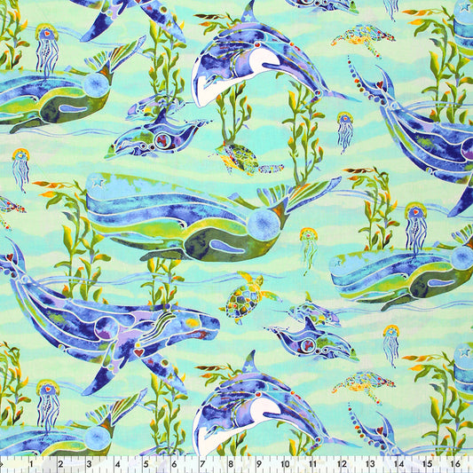 FABRIC CREATIONS 42" × 8 yd Cotton Fabric Bolt — Ocean Green with Blue and Green Whales and Dolphins