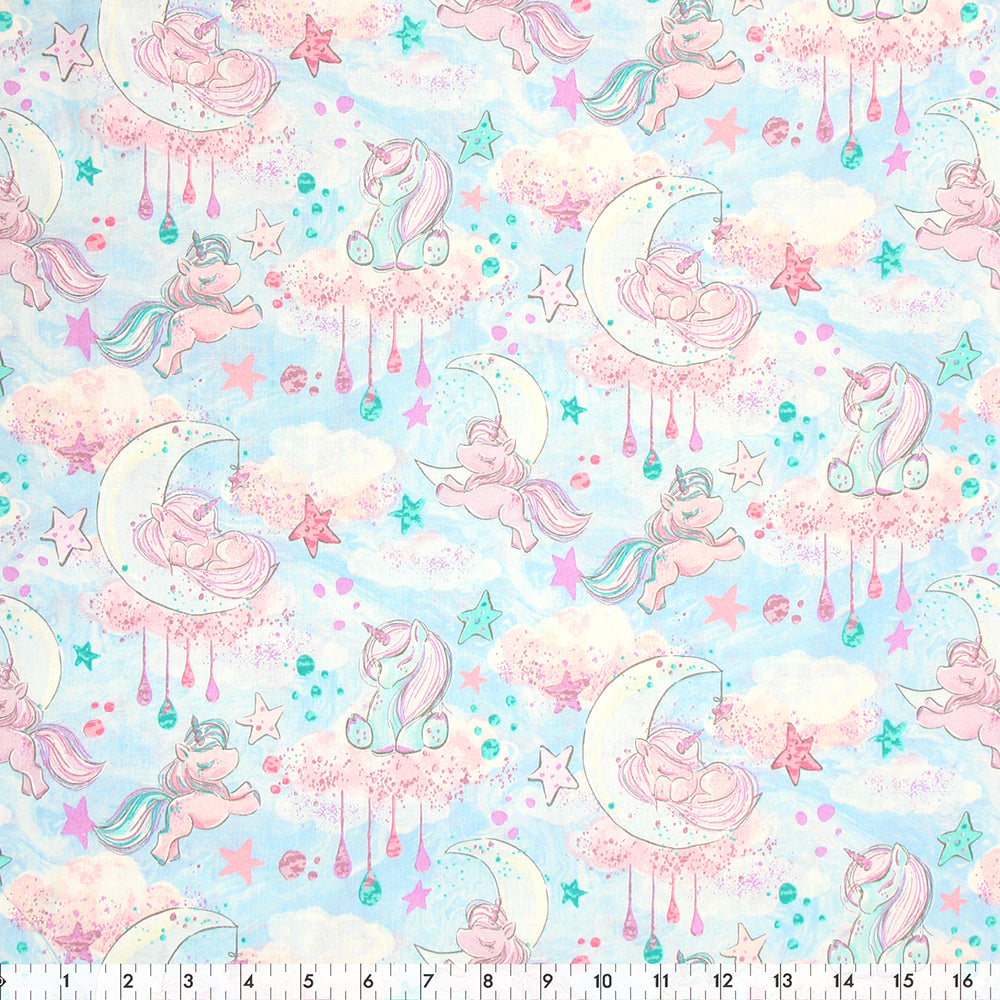 FABRIC CREATIONS 42" × 8 yd Cotton Fabric Bolt — Blue with Moon and Pastel Sleepy Unicorns