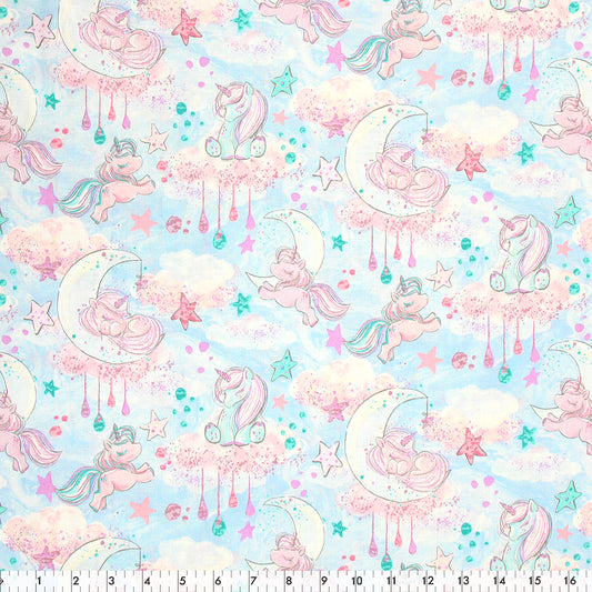 FABRIC CREATIONS 42" × 8 yd Cotton Fabric Bolt — Blue with Moon and Pastel Sleepy Unicorns
