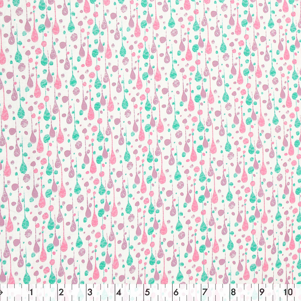 FABRIC CREATIONS 42" × 8 yd Cotton Fabric Bolt — White with Pink, Purple and Blue Water Drops