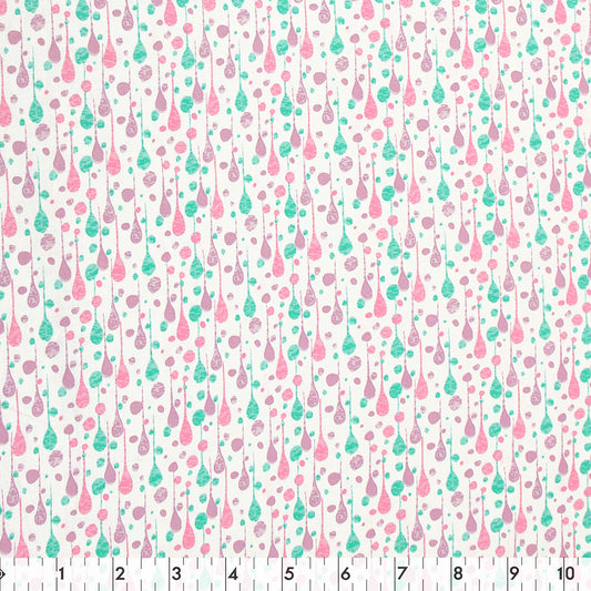 FABRIC CREATIONS 42" × 8 yd Cotton Fabric Bolt — White with Pink, Purple and Blue Water Drops