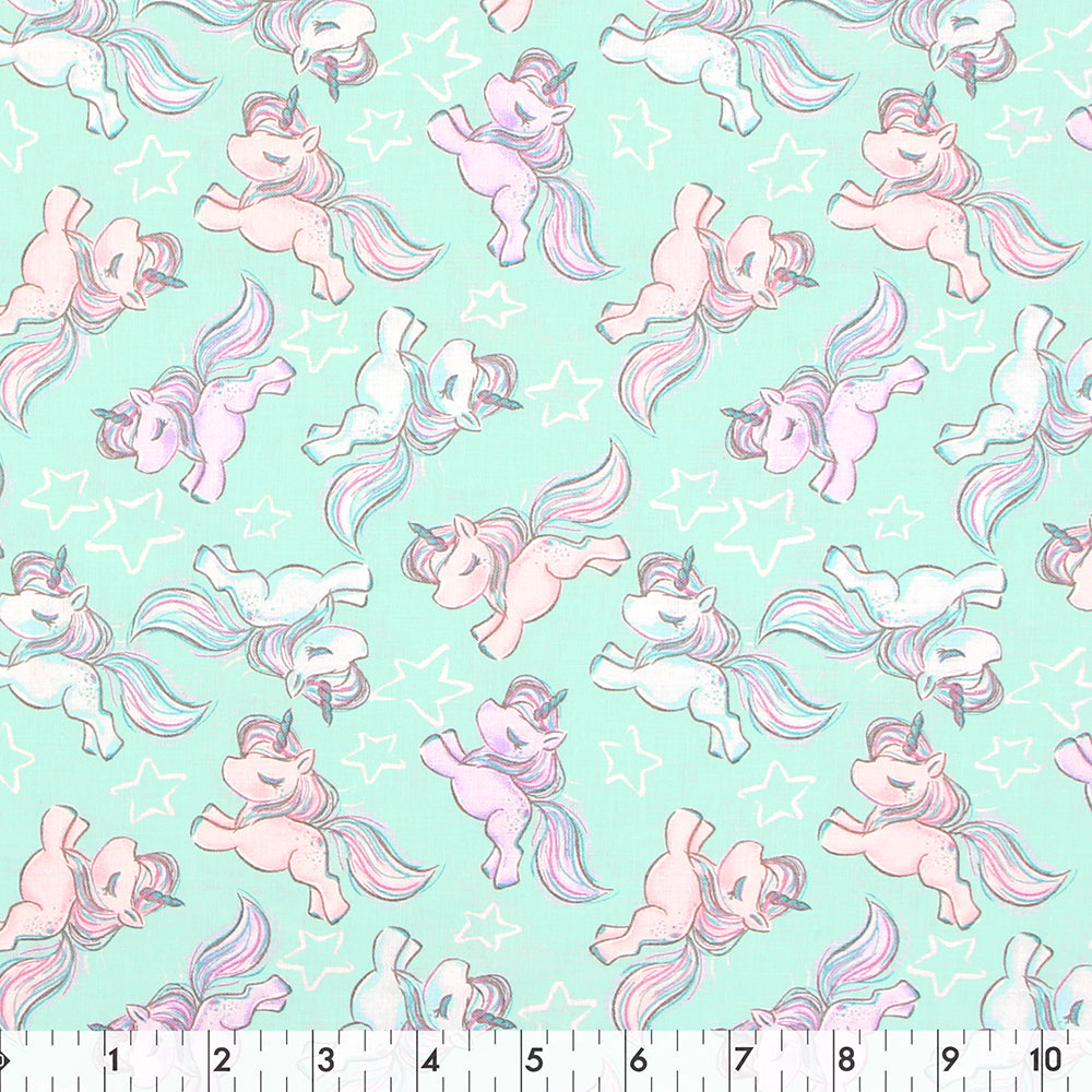 FABRIC CREATIONS 42" × 8 yd Cotton Fabric Bolt — Aqua with Pastel Pink, Blue and Purple Unicorns
