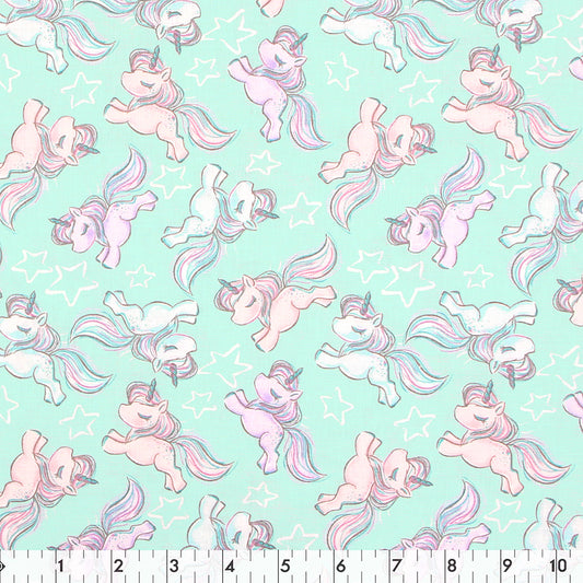 FABRIC CREATIONS 42" × 8 yd Cotton Fabric Bolt — Aqua with Pastel Pink, Blue and Purple Unicorns