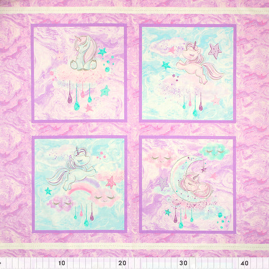 FABRIC CREATIONS 42" × 8 yd Cotton Fabric Bolt — Purple Watercolour Swirl with Framed Light Blue Unicorn