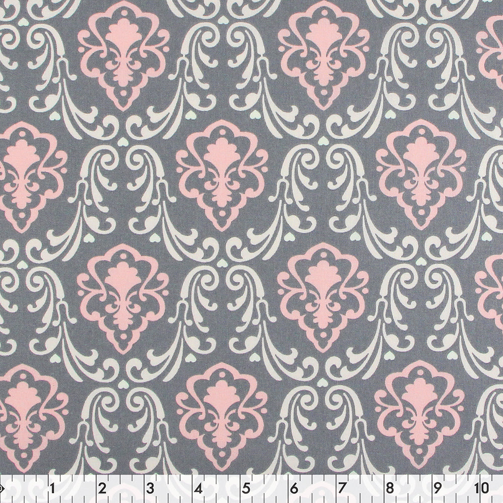 FABRIC CREATIONS 42 x 8yd Cotton Fabric Bolt - Grey with Pink and Cream Damask