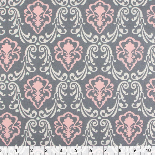 FABRIC CREATIONS 42 x 8yd Cotton Fabric Bolt - Grey with Pink and Cream Damask