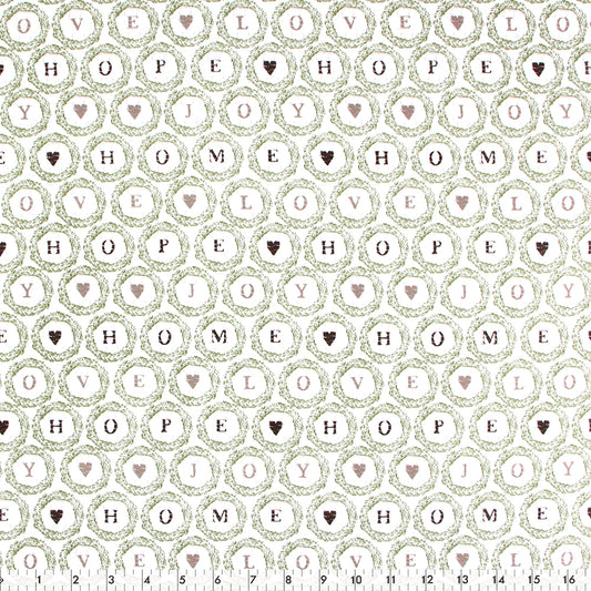 FABRIC CREATIONS 42 x 8yd Cotton Fabric Bolt - White with LOVE, HOPE, JOY in Green Circles